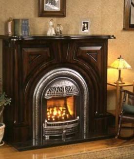 Windsor Arch by Valor - Beautiful silver fire box gas - Beautiful dark intricate wood with lamp to the right