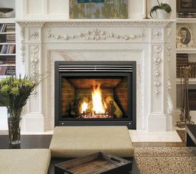 Envirofire gas insert with elaborate surround bookshelves of either side 