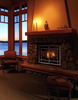 DXV Series by Mendota - gas fireplace with view of lake through the corner windows