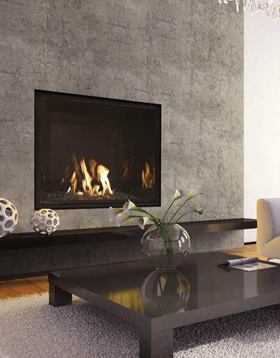 Fireplace insert with concrete surround and black coffee table with flowers
