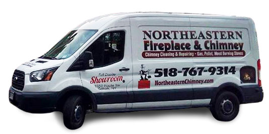 Northeastern Chimney and Fireplace Truck white with phone number, email and logo.