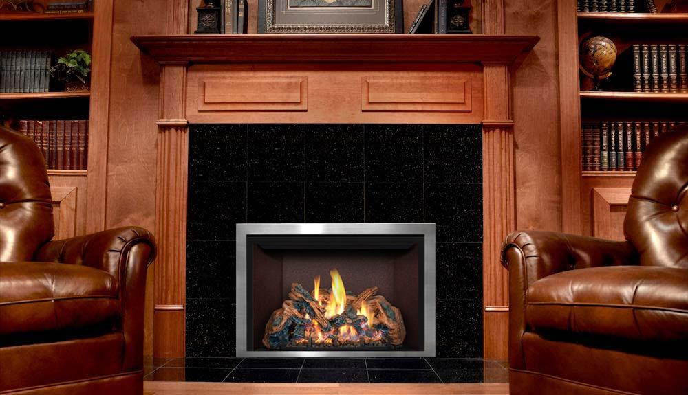 Mendota gas insert with wooden surround - bookshelves on each side and leather chairs