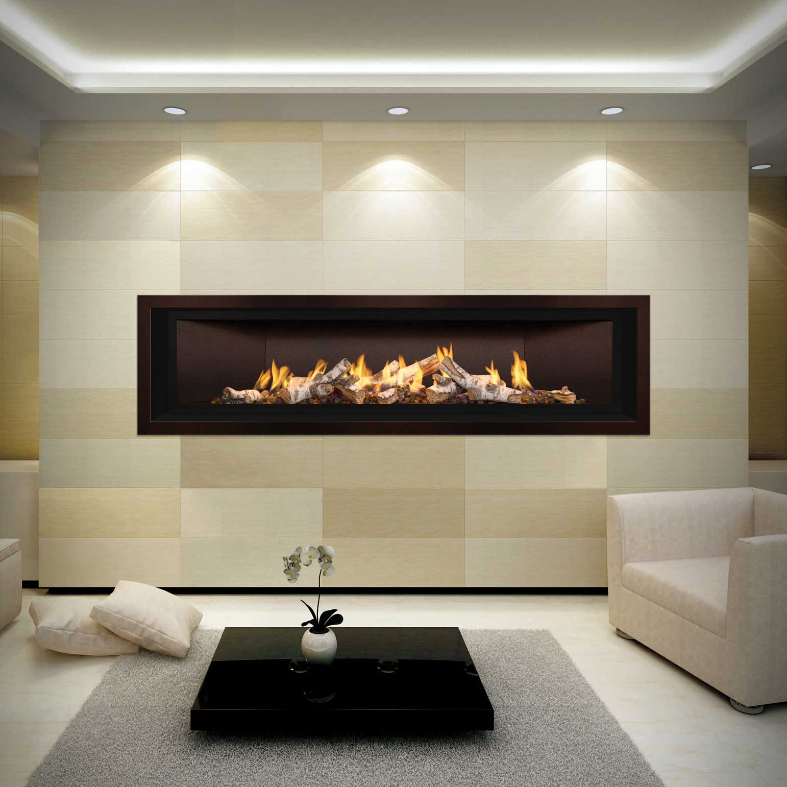 Mendota modern gas fireplace with lights shining down on the fireplace with white chair and black coffee table