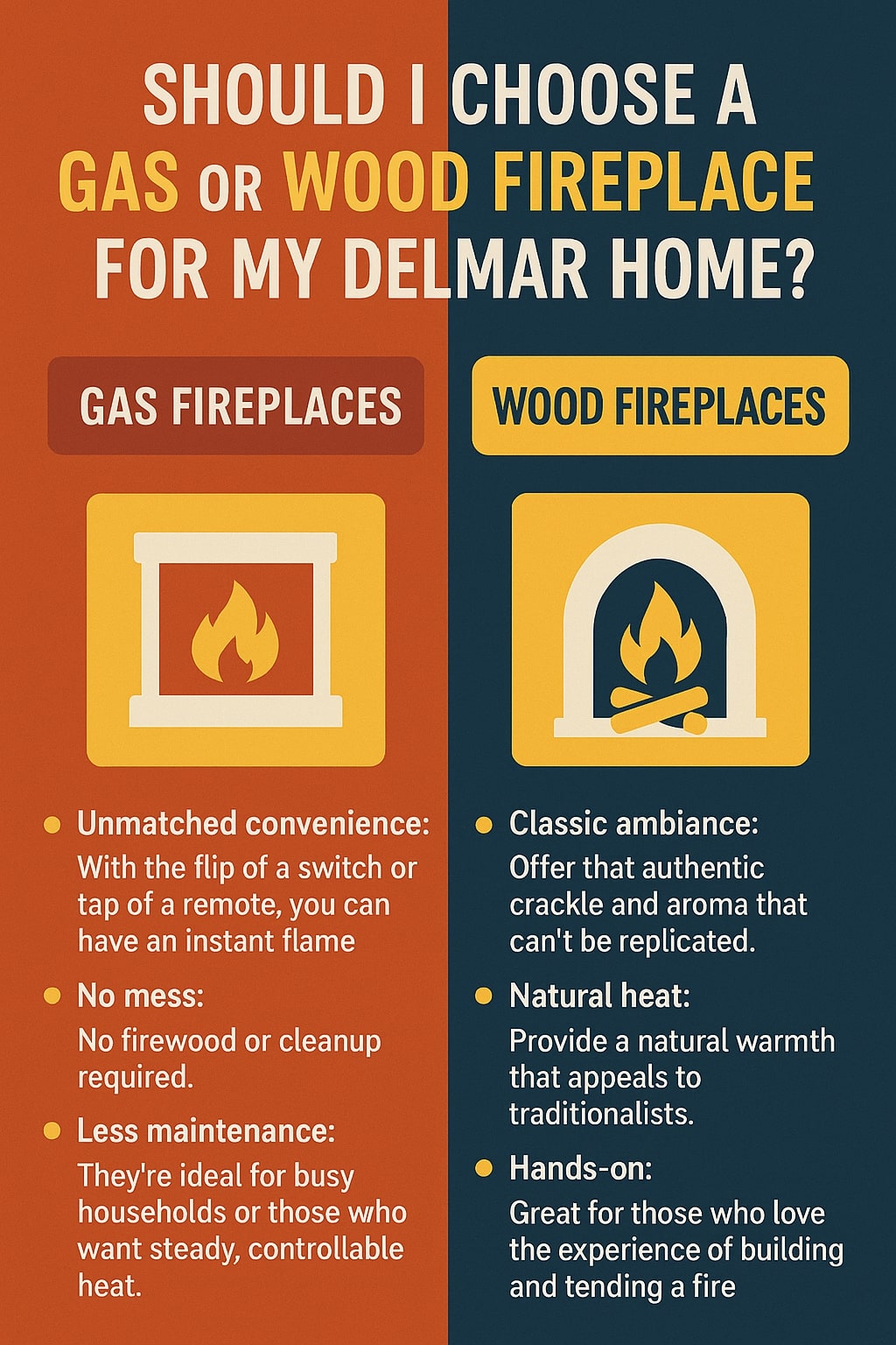 Original infographic comparing gas and wood fireplaces for Delmar homes, divided into two colored sections: the left side in burnt orange for “Gas Fireplaces” and the right side in navy blue for “Wood Fireplaces.” The title at the top reads “Should I Choose a Gas or Wood Fireplace for My Delmar Home?” in white and yellow text. The gas fireplace section features an icon of a stylized fireplace with a yellow flame inside a cream-colored outline and lists benefits such as “Unmatched convenience,” “No mess,” and “Less maintenance.” The wood fireplace section shows a similar icon with a log-and-flame design and highlights “Classic ambiance,” “Natural heat,” and “Hands-on” experience. The color palette includes shades of burnt orange (#CA4A28), navy blue (#112835), yellow (#FFD301), and white (#FFFFFF), with clear, modern fonts and simple graphics for easy visual comparison.<br />
