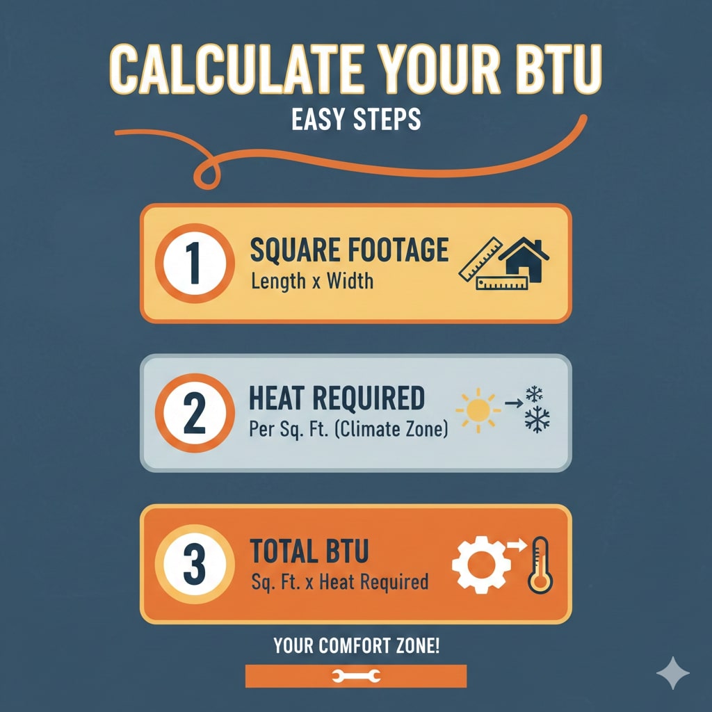 original infographic titled "CALCULATE YOUR BTU" in yellow and white text against a dark navy blue background. The design features three numbered steps in a vertical layout. Step 1 is housed in a yellow horizontal box and labeled "SQUARE FOOTAGE," instructing the user to multiply length by width, accompanied by an icon of a house and ruler. Step 2 is in a light grey box labeled "HEAT REQUIRED," advising to determine heat per square foot based on climate zone, shown with sun and snowflake icons. Step 3 is in a burnt orange box labeled "TOTAL BTU," showing the formula "Sq. Ft. x Heat Required" with a gear and thermometer icon. An orange flourish sits beneath the title, and the bottom of the graphic includes a small orange banner with a wrench icon and the phrase "YOUR COMFORT ZONE!"
